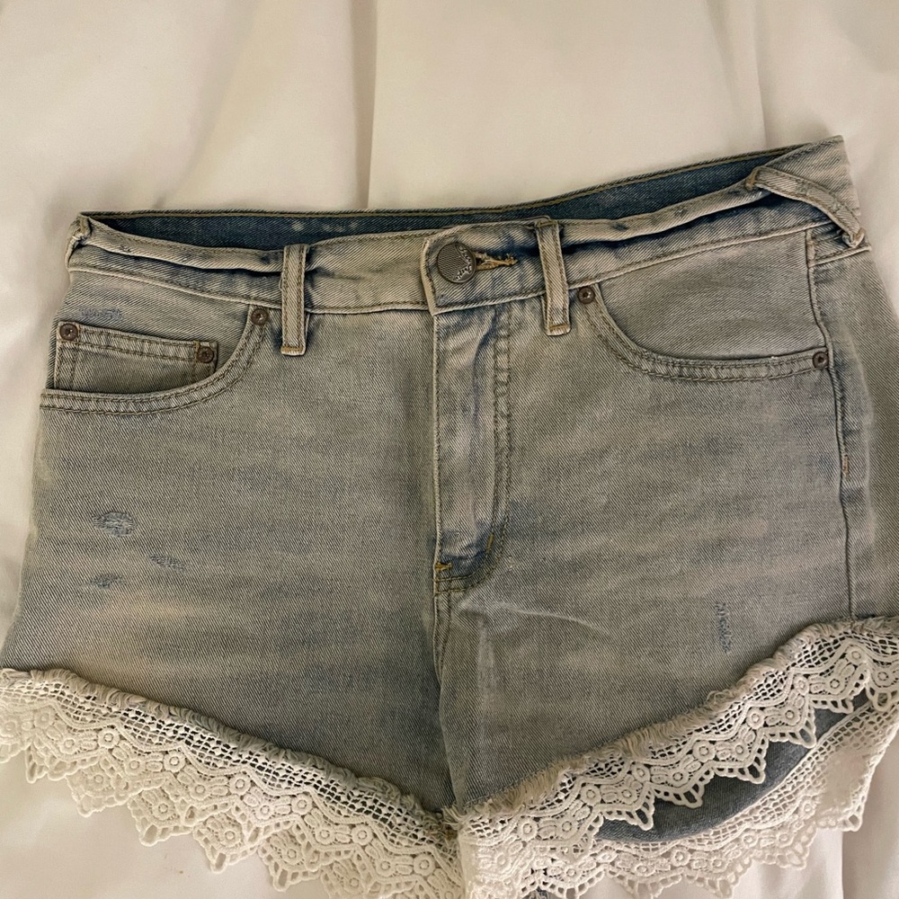 Free People Blue and White Jean Shorts Distressed Mid-Thigh